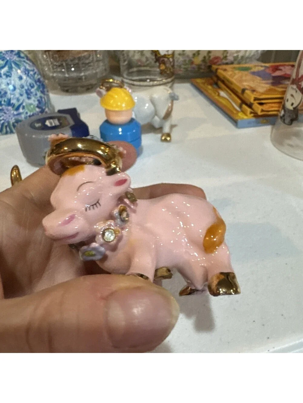 1950s pink and gold ceramic cow and bull salt and pepper shakers